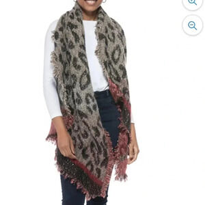 INC International Concepts Leopard Print Sequin Wrap Scarf Oat Black Red